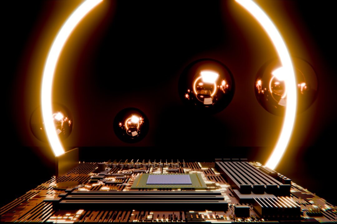 Extreme macro shot of electronic circuit board with golden components
