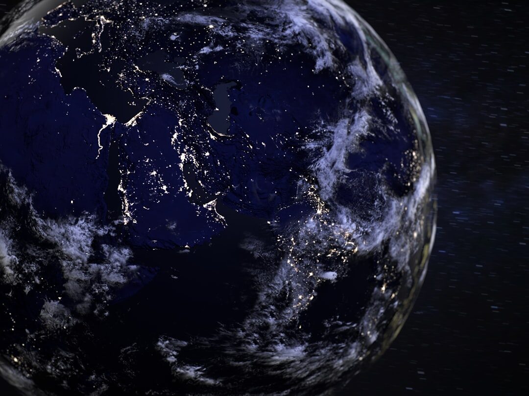 Planet Earth from space with glowing network connections representing global digital communication