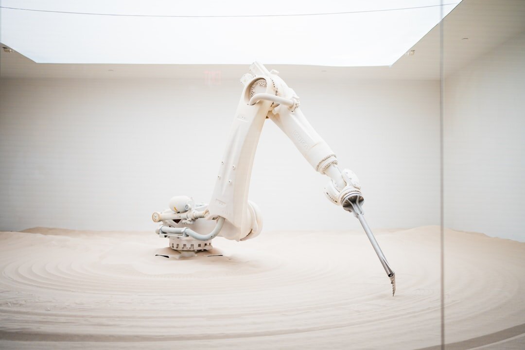 Modern white robot with expressive eyes in a clean studio setting